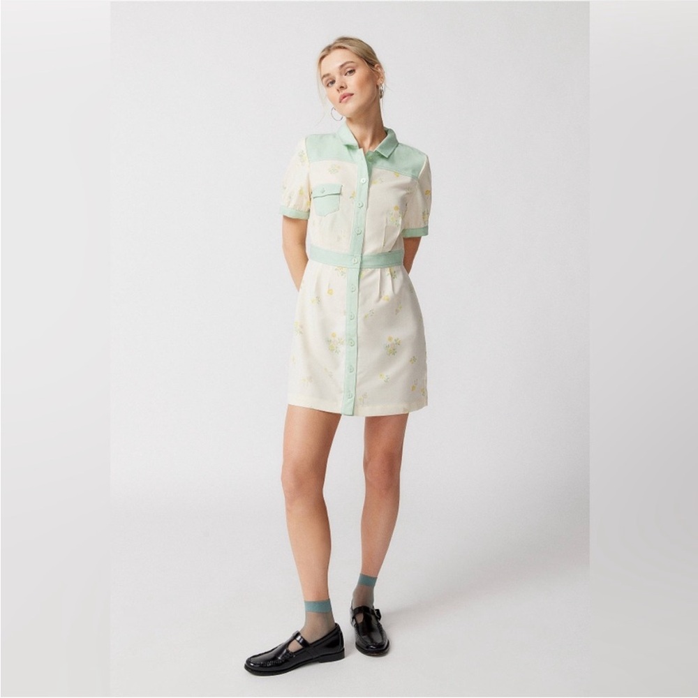 Urban Outfitters Cream Mini Dress with Mint Trim and Yellow Floral - Picture 2 of 11